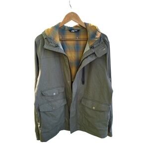 The North Face Flannel Lined Hooded Barn Jacket Button Zip Green Mens Large EUC